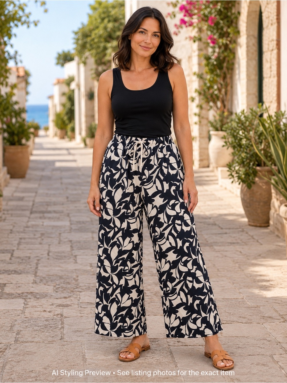 Black Tape XL Navy Cream Wide Leg Palazzo Pants Elastic Waist Resort